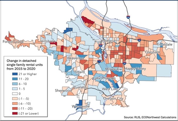 Change in detached single family rental units from 2015 to 2020